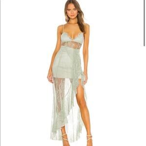 NBD Sinatra Dress in Mint Green Lace with Cascading Ruffle Accent Size S NWT